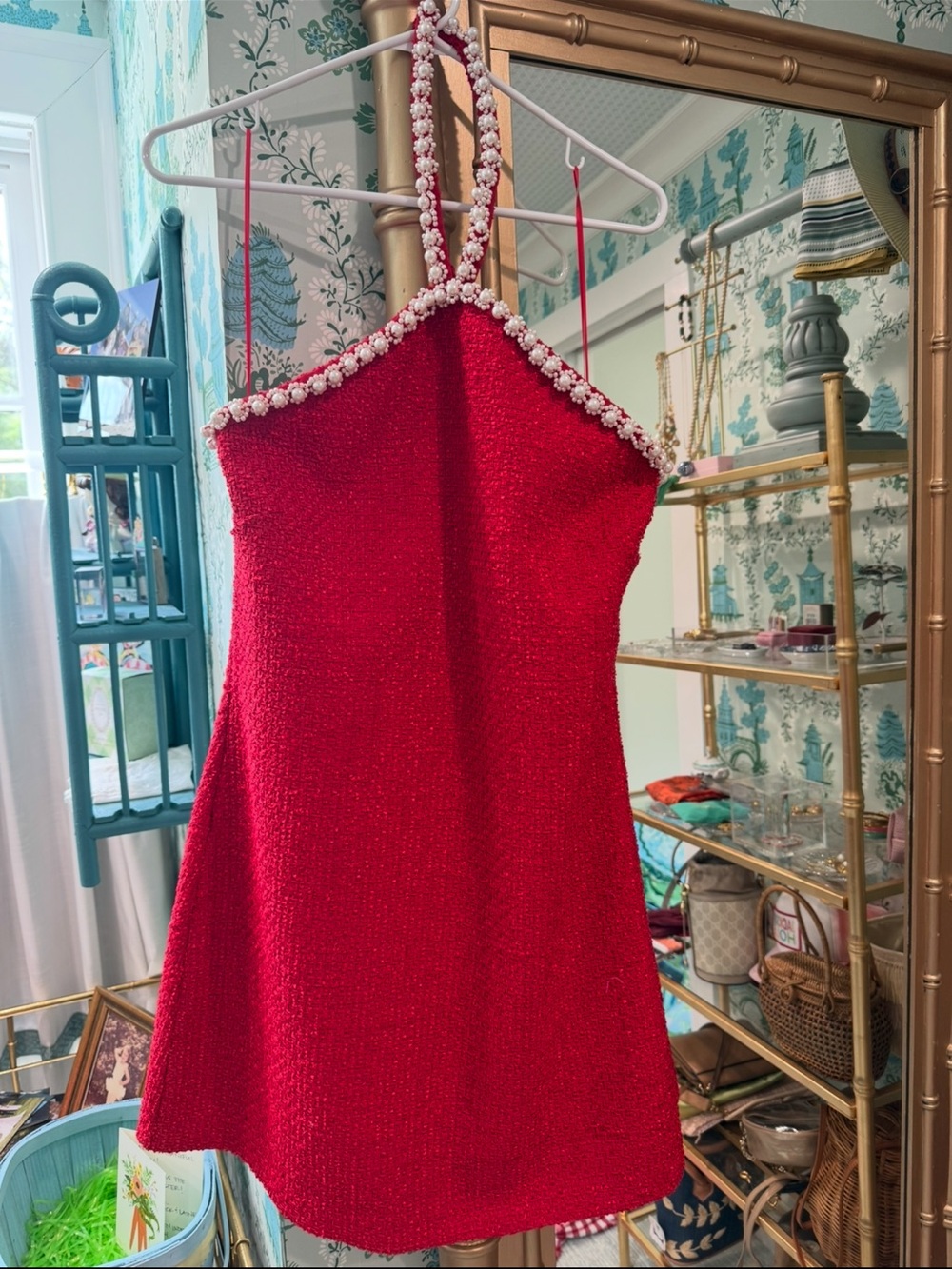 Tuckernuck Red Halter Mini Dress with Pearl Trim - Picture 2 of 4